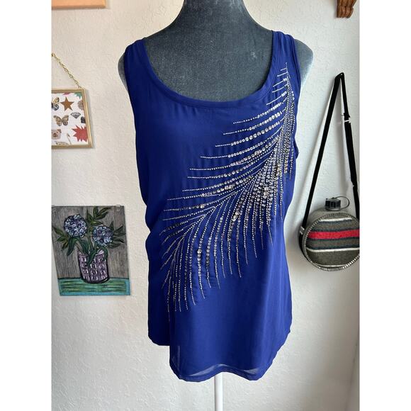 Y2K- Express Tank Top- long- Feather Gemstone Design Sz M Navy Blue Silver - Picture 1 of 6